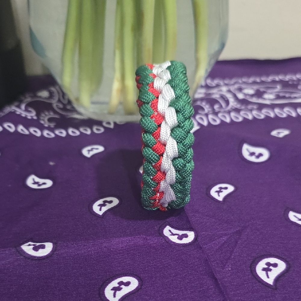 Handwoven Green, White & Red Paracord Ring
